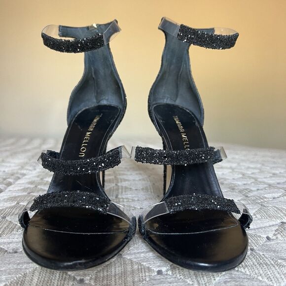 Tamara Mellon Frontline Black Glitter Crystal Heeled Sandals US 7 EU 37.5 Formal - Picture 9 of 16